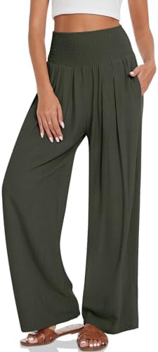 Linen Palazzo Pants with Smocked Waist — Army Green