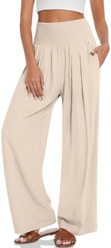 Linen Palazzo Pants with Smocked Waist — Heather Light Khaki