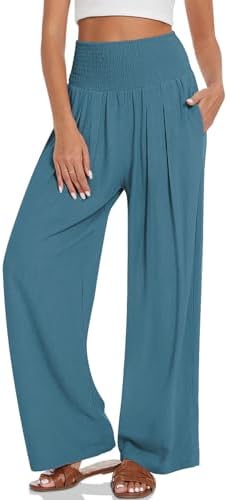 Linen Palazzo Pants with Smocked Waist — Lake Blue