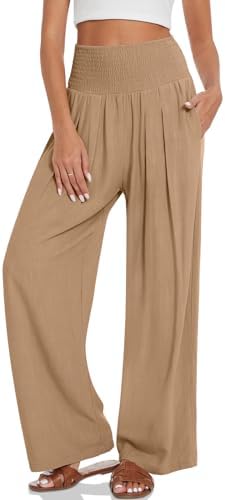 Linen Palazzo Pants with Smocked Waist — Light Brown