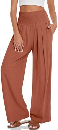 Linen Palazzo Pants with Smocked Waist — Light Red Brown