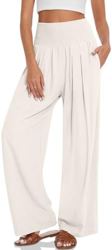 Linen Palazzo Pants with Smocked Waist — Milky White