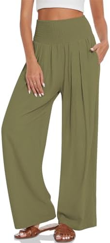 Linen Palazzo Pants with Smocked Waist — Olive Green