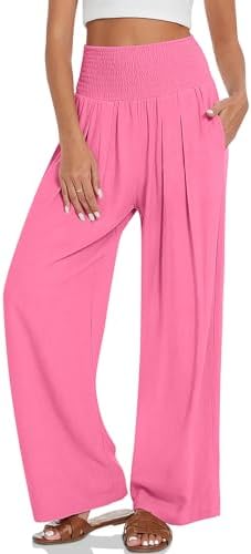 Linen Palazzo Pants with Smocked Waist — Rose