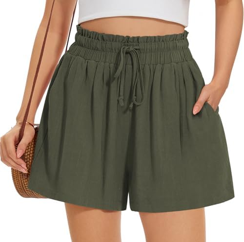 Linen Wide Leg Shorts — Army Green