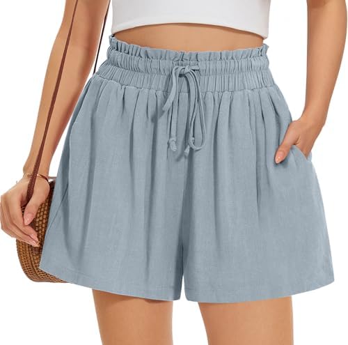 Linen Wide Leg Shorts — Light Gray Blue