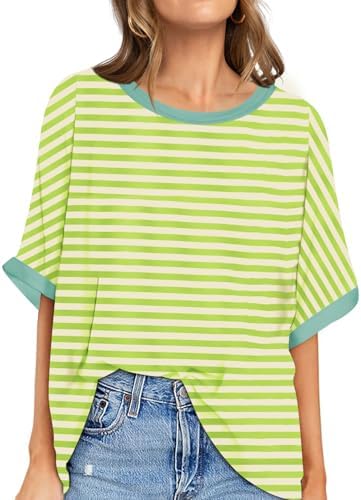 Oversized Crewneck Tunic Tee — Green Apricot Striped