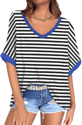 Oversized V Neck Tunic Tee — Black Striped