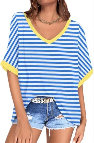 Oversized V Neck Tunic Tee — Blue Striped