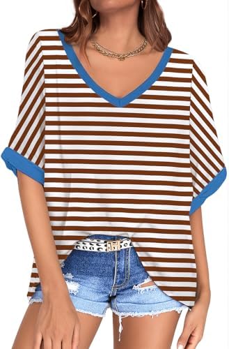 Oversized V Neck Tunic Tee — Coffee Striped