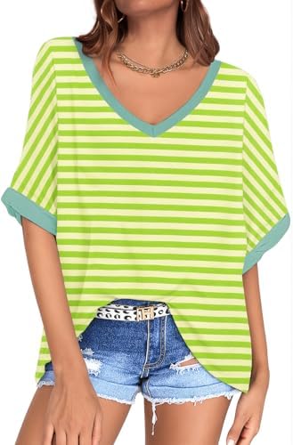 Oversized V Neck Tunic Tee — Green Apricot Striped