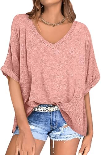 Oversized V Neck Tunic Tee — Heather Pink