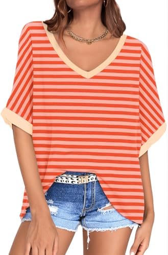 Oversized V Neck Tunic Tee — Orange Pink Striped