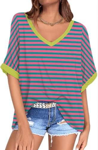 Oversized V Neck Tunic Tee — Pink Green Striped