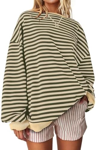 Striped Crewneck Sweatshirt — Darkgreenapricot Striped