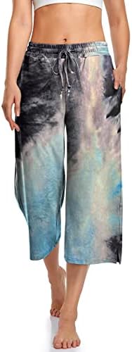 Summer Capri Yoga Pants with Drawstring — Tie Dye Black Blue