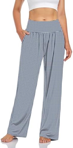 Wide Leg Lounge Pants with Pockets — Grid Navy White