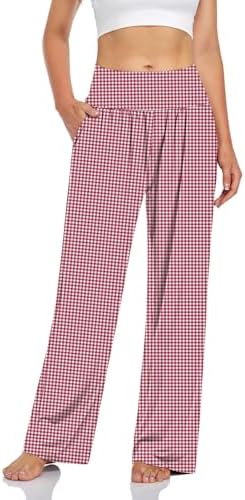 Wide Leg Lounge Pants with Pockets — Grid Red Wite