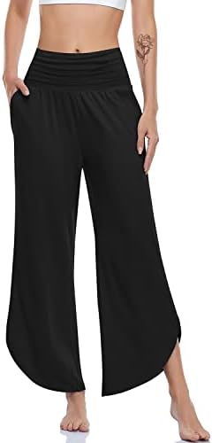Wide Leg Yoga Pants with Split Hem — Black