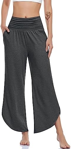 Wide Leg Yoga Pants with Split Hem — Heather Dark Gray
