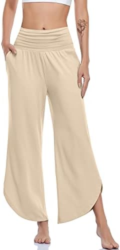 Wide Leg Yoga Pants with Split Hem — Light Khaki