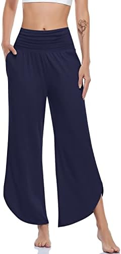 Wide Leg Yoga Pants with Split Hem — Navy