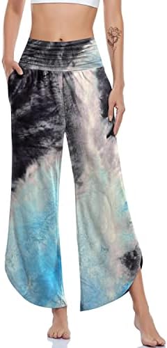 Wide Leg Yoga Pants with Split Hem — Tie Dye Black Blue